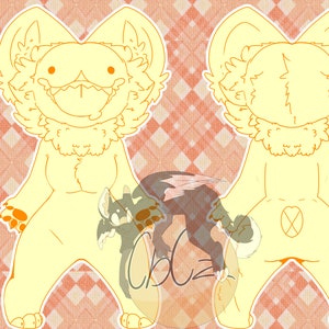 May include: Illustration of a cartoon character in a yellow-orange color, with a front and back view. The character has large ears, a fluffy mane, and a toothy grin. A smaller, dark-colored creature is superimposed over the character.