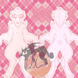 May include: Line art illustration of two pink furry creatures with long snouts and large ears. The creatures are facing opposite directions and have a similar pose. The illustration is on a pink and white checkered background.
