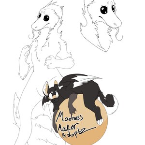 May include: Line art drawing of a white dragon with a long snout and large eyes. The dragon is holding a smaller black dragon with wings. The text "Madness Maker Adopts" is written on the image.