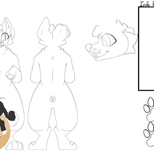 May include: Line art drawing of a canine character with a dragon-like head. The character is shown from the front and back, with a small dragon-like creature sitting on the character's back. The drawing includes paw prints and a text box labelled "Info box".