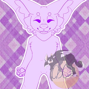 May include: A purple cartoon character with large ears and a small bat on its stomach. The character is standing on a purple and white checkered background.