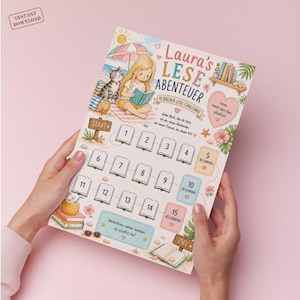 May include: A rectangular reading challenge chart featuring a cartoon illustration of a child reading with a cat under a beach umbrella. The chart includes numbered book icons from 1 to 15, reward boxes, and German text including Laura's Lese Abenteuer.