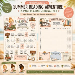 May include: A two-page personalized summer reading journal set featuring a 25-book challenge tracker with a path, numbered book icons, and a log for book titles, authors, and ratings. Includes illustrations of a child reading with a cat.