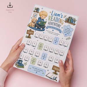 Puede incluir: Una hoja de desafío de lectura rectangular titulada Liam's Reading Adventure, con un niño de dibujos animados leyendo con un cachorro, iconos de libros numerados del 1 al 25, espacios de recompensa y el texto Reading makes my mind strong and my heart happy.