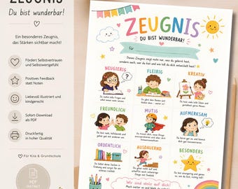 Children's report card template, character report card for printing, daycare, kindergarten, elementary school certificate, PDF DIN A4