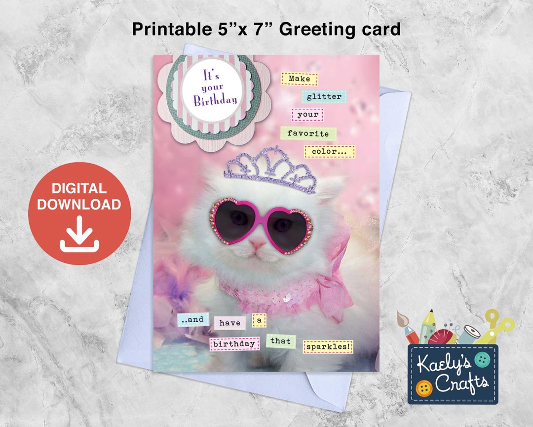 Cute Cat Photographic Printable Birthday Card.trendy Glitter Cat Fun - Etsy