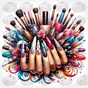 Pode incluir: Uma ilustração artística com uma mão com unhas longas e decoradas, rodeada por pincéis de maquilhagem, frascos de verniz e redemoinhos coloridos. As unhas exibem vários designs, incluindo glitter, mármore e padrões abstratos.