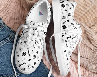 Elegantes zapatillas de lona floral para mujer con cordones en blanco y negro