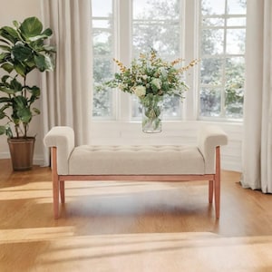 Modern upholstered bench, entryway bench, footrest bench, linen-tufted footstool with solid wood legs, suitable for bedroom, entryways, etc.