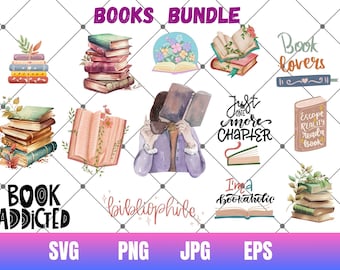 Watercolour BOOKS SVG, BOOKS Svg cut files for Cricut, Books Lover Bundle Svg, Books Silhouette, Stack of books Svg,Book Png Cutfile