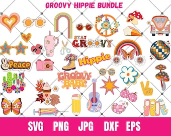 Pacchetto SVG Groovy Hippie, Retro SVG, clipart hippie, Boho Hippie Svg, Boho Hippie Clipart, Boho Flower Svg, Groovy Vintage Clipart Bundle degli anni '70