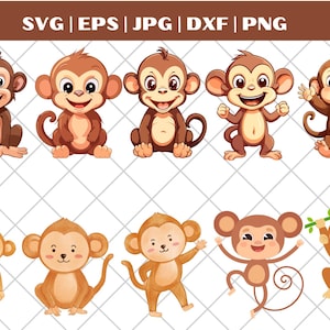 Süßer Affe SVG PNG Bundle, Baby Affe SVG Pack, Cricut Clipart Dateien