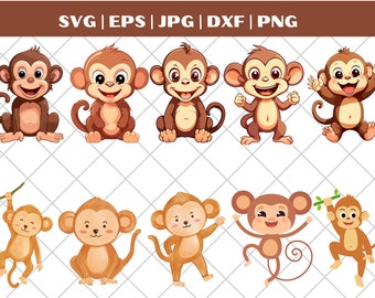 Cute Monkey SVG PNG Bundle, Baby Monkey SVG Pack, Cricut Clipart Files