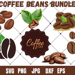 Könnte beinhalten: Ein digitales Download-Paket mit Kaffeekorn-Illustrationen. Das Paket enthält verschiedene Kaffeekorn-Designs, darunter ganze Körner, Kaffeekörner mit Blättern und ein Kaffeekorn mit dem Text "Coffee Time".