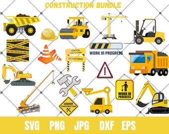 Paquete SVG de construcción, imágenes prediseñadas de construcción, vehículos de construcción, camiones de construcción, camión volquete SVG, camión de cemento, imágenes prediseñadas de excavadora, PNG, DXF