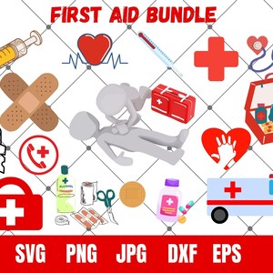 Clipart EHBO-kit, medische pictogrammen Svg, gezondheidszorg SVG, medische png, pleisterthermometer, hartslag, spuit, pillen, reanimatie CutFile, digitale download