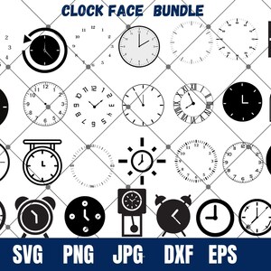 May include: A set of 20 black and white clock face SVG cut files. The clock faces are in various styles, including round, square, and rectangular. The clock faces are perfect for crafting projects, such as making wall clocks, scrapbooking, and card making.