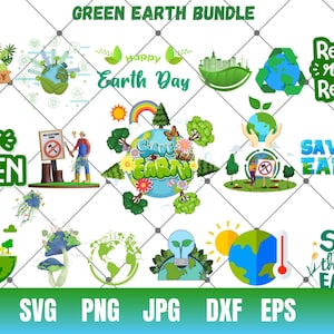 グリーン アース SVG バンドル、惑星地球 SVG、アースデイ クリップアート、地球儀クリップアート、地球昇華、惑星保存 PNG、アースデイ リサイクル PNG、昇華