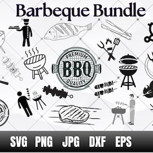 Könnte beinhalten: Ein Schwarzweiß-Illustrationsset mit Grillmotiven. Das Set enthält einen Grill, Zangen, Spieße, einen Koch, einen Fisch, ein Steak und eine Vielzahl anderer Grillutensilien. Der Text "Barbeque Bundle" befindet sich oben im Bild. Der Text "SVG PNG JPG DXF EPS" befindet sich unten im Bild.