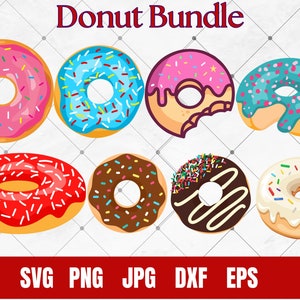 Op de afbeelding: Een set van acht kleurrijke donut-illustraties, waaronder roze, blauwe, bruine, witte en rode donuts met verschillende toppings zoals sprinkels, chocolade en glazuur. De donuts zijn in een rij gerangschikt op een witte achtergrond met een grijs rasterpatroon. De tekst "Donut Bundle" staat bovenaan de afbeelding.