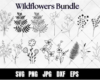 Bocetos de flores silvestres SVG, archivos de corte floral (descarga instantánea)