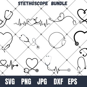 May include: A set of 10 black and white SVG cut files featuring a stethoscope with a heart, a heartbeat line, and a floral design. The files are perfect for creating personalized crafts, gifts, and home decor.
