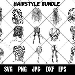 ヘアスタイル SVG バンドル、女性のヘア クリップアート、乱れたおだんごヘア、ロング ヘア クリップアート、編み込みヘアスタイル、ポニーテール クリップアート、女の子のヘアスタイル SVG