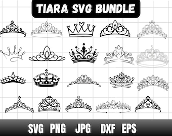 Puede incluir: Un conjunto de 18 archivos de corte SVG de tiaras en blanco y negro. Las tiaras son de varios estilos, incluyendo simples, ornamentadas y con forma de corona.