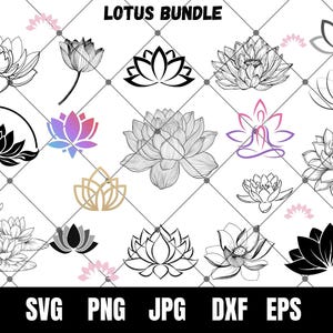 Puede incluir: Un conjunto de 14 ilustraciones de flores de loto en blanco y negro en varios estilos. Las ilustraciones incluyen una flor de loto en una postura de yoga, una flor de loto con un patrón geométrico y una flor de loto con un contorno simple. El texto "LOTUS BUNDLE" está en la parte superior de la imagen.
