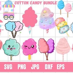 Conjunto de clipart vetorial de algodão doce / ilustrações de desenho de contorno e carimbo / comida de carnaval / PNG, JPG, SVG, Eps