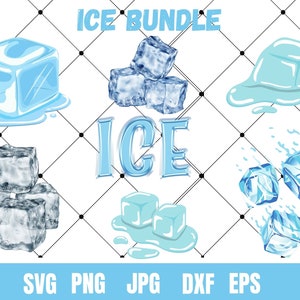 May include: A digital download of six different ice cube illustrations in SVG, PNG, JPG, DXF, and EPS formats. The illustrations feature various ice cubes, including melting ice, stacked ice cubes, and ice cubes in motion.