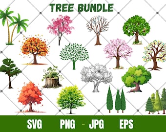 Paquete SVG de árboles, Svg botánico, árbol png, paquete SVG de silueta de árbol, archivos de corte de árbol para Cricut, archivos Svg de bosque, clipart de árbol, uso comercial