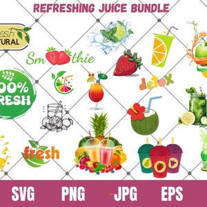 May include: A set of 12 colorful digital clipart images featuring various fruits, vegetables, and drinks, including a smoothie, detox juice, and 100% fresh juice. The images are perfect for creating designs for juice bars, smoothie shops, or healthy food brands.
