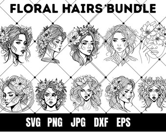 Paquete SVG de arte lineal de mujer con flores, diseños de cabello con flores (descarga digital)