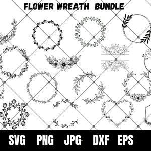 Puede incluir: Un conjunto de 14 archivos de corte SVG de coronas de flores en blanco y negro. Las coronas son de varias formas y tamaños, incluyendo círculos, corazones y cuadrados. Las coronas son perfectas para crear diseños personalizados para invitaciones, tarjetas y otras manualidades.