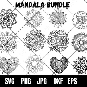 May include: A set of 10 black and white mandala designs. The mandalas are in various shapes, including circles, hearts, and flowers. The designs are intricate and detailed, and would be perfect for use in crafts, home decor, or digital projects.
