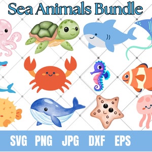 Niedliche Meerestiere SVG, Ozean Meerestiere PNG Clipart, Seestern, Wal, Oktopus, Hai, Fisch, Muschel, Schildkröte, Seegras, niedlicher Wal, Seepferdchen