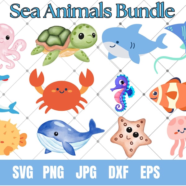 Cute Sea Animals SVG, Ocean Sea Animals PNG Clipart, Starfish, Whale, Octopus, Shark, Fish, Clam, Turtle, Seaweed,Cute Whale, Seahorse