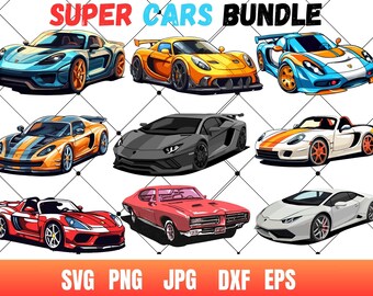 Paquete SVG de supercoches, imágenes prediseñadas de coches de carreras (descarga digital)