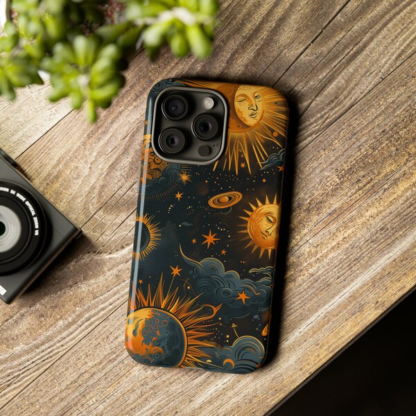 Mystical Celestial Heavens Phone Case - Psychedelic Sun, Moon, Constellations on Dark Background