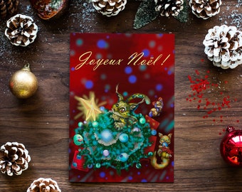 Carte de Noël avec animaux, carte de vœux imprimable,téléchargement numérique,drôle, illustration d’animaux et sapin,cadeau de Noël,français