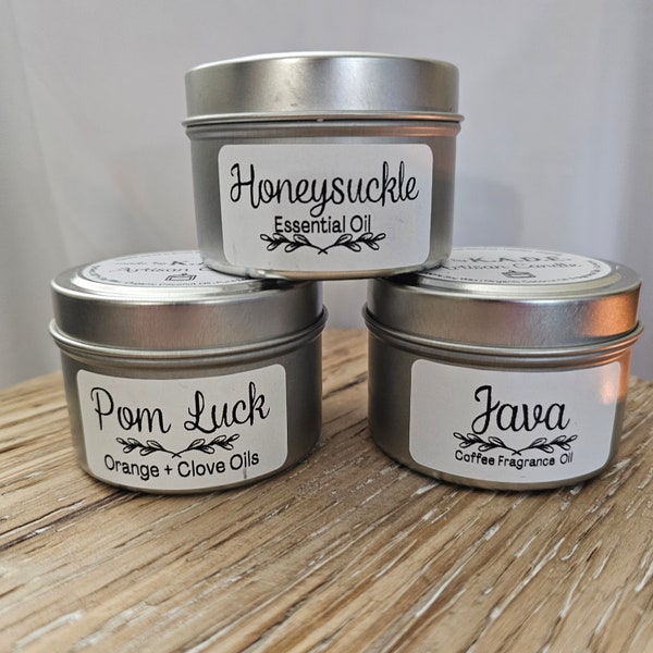 Gift under 20 | Hand Poured | Soy Candle | Fragrance or Essential Oils | 3 oz | Paint Tin Candle