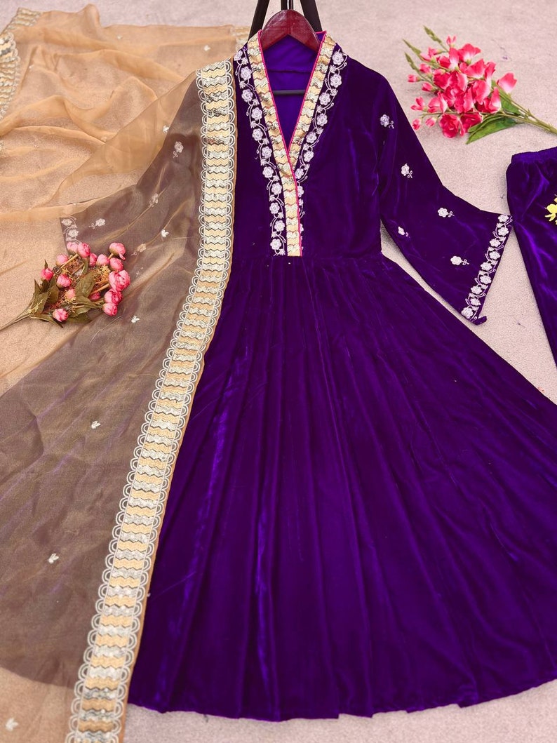 Purple Designer Pakistani Velvet Suits Women Ready Made Kurta Etsy