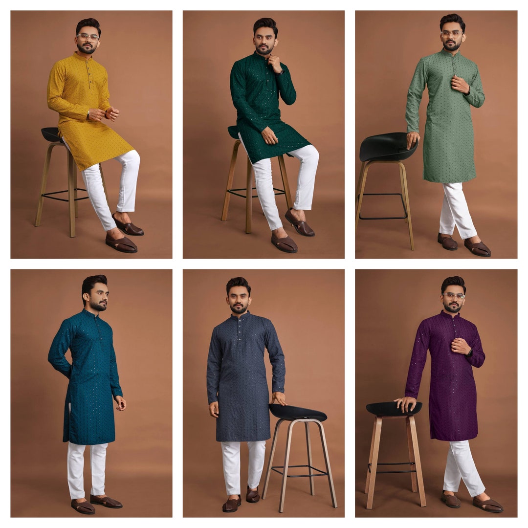 Traditional Men's Cotton Rayon Lucknowi Sequins Kurta Etsy
