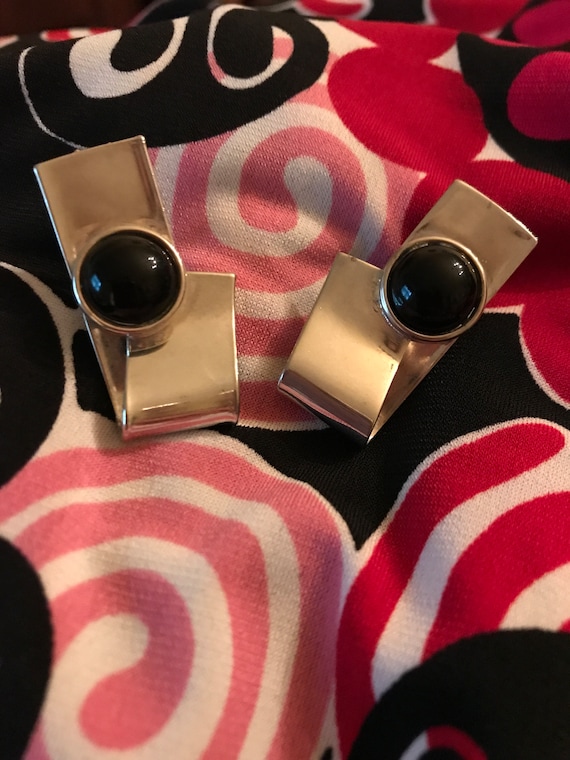 Vintage Silver and Black Stone Artisan Earrings