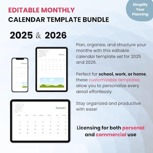 Editable Monthly Calendar Template Bundle 2025 & 2026 – Customizable Digital Planner, Homeschool Organizer, Printable Wall Calendar PDF