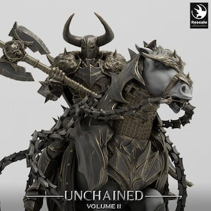 May include: A black and gold armored knight riding a white horse. The knight is holding a large axe and is wearing a horned helmet. The horse is wearing a chainmail armor. The image is titled "Unchained Volume II".