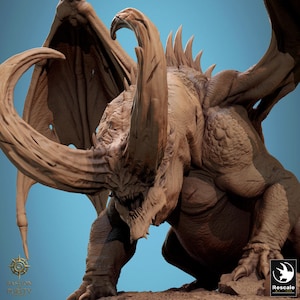 May include: A detailed sculpture of a brown dragon with large horns, wings, and sharp teeth. The dragon is in a crouching position, with its wings spread. The sculpture has a textured surface and is set against a blue background. The text "Bastion of Purity" and "Rescale" are visible.