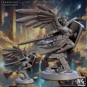 May include: A grey painted miniature figurine of a winged female warrior holding a sword and shield. The figure is standing on a broken stone pillar. The background is a blurry image of a city.