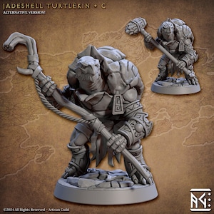 May include: A grey, detailed miniature figurine of a turtlekin warrior with a jade shell, holding a staff with a rope. The figurine is standing on a grey base.